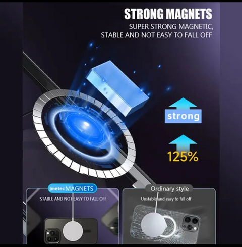 Ein Diagramm vergleicht zwei Handyhüllen: die hellblaue TPU-Handyhülle mit Kameraschutz von HandyOase für das iPhone, die „starke Magnete“ und MagSafe-Zubehör (125 % stärker) hervorhebt, gegenüber einer instabilen gewöhnlichen Hülle, die leicht abfallen kann.
