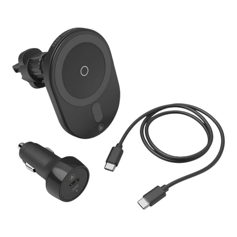 Die HandyOase Hama 15W Fast Kfz-Halterung mit Ladefunktion (Schwarz) wird mit einem Lüftungsclip, einem USB-C-zu-USB-C-Kabel und einem Adapter für kabelloses KFZ-Ladegerät geliefert, kompatibel mit iPhone ab Modell 12, abgebildet auf weißem Hintergrund.