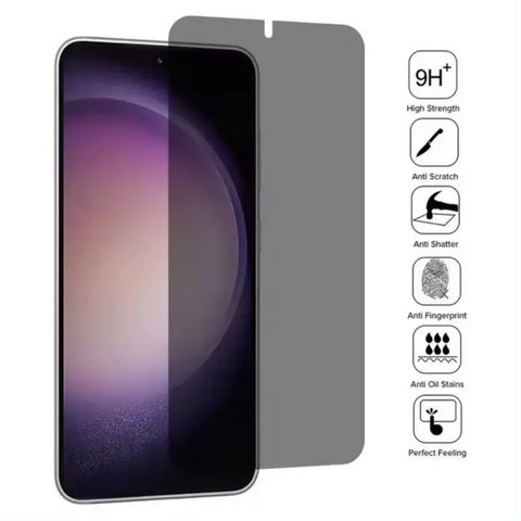 Ein HandyOase Panzerglas Privacy 3er-Set – Datenschutz & Fingerabdruck entsperrbarer Displayschutz für Samsung Galaxy, mit Symbolen für 9H-Härte, Kratzfestigkeit, Datenschutz, Entsperren per Fingerabdruck, Splitterschutz, Ölfleckenschutz und sanfte Haptik.