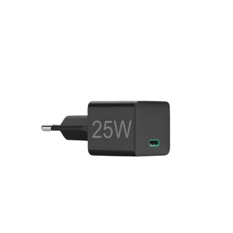 Das HandyOase Hama 25W Schnellladegerät (Schwarz) bietet dank USB-C-Anschluss und europäischem Stecker High-Speed-Ladetechnologie und wird vor weißem Hintergrund präsentiert.
