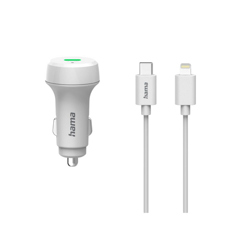 Das HandyOase Hama 20W Turbo Fast KFZ Ladeset (Weiß) enthält ein Ladegerät mit USB-C-Port und ein USB-C-zu-Lightning-Kabel – ideal für schnelles Laden unterwegs.