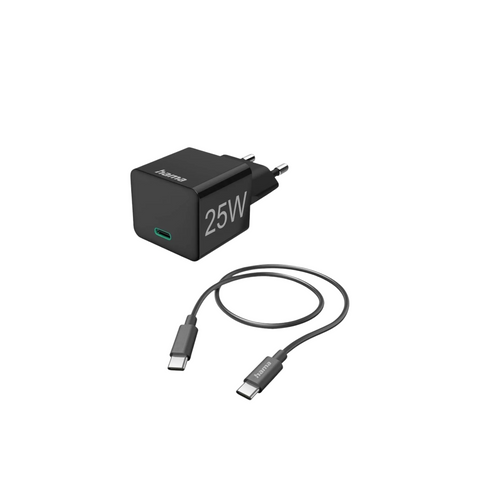 Das HandyOase Hama Mini-Schnellladeset 25W in Schwarz enthält ein USB-C-Wandladegerät und ein 1,5 m langes USB-C-Kabel, beide mit „Hama“-Branding.