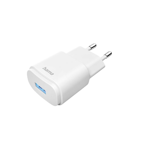 Das Hama 6W Ladegerät (Weiß) von HandyOase mit zwei runden Prongs und einem USB-A-Anschluss ist vor weißem Hintergrund abgebildet.