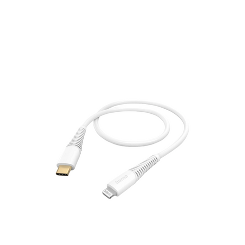 Das HandyOase Hama Schnelllade-/Datenkabel 1,5 m (Weiß) USB-C-LIGHTNING ist ein weißes Lade- und Datenkabel mit Anschlüssen an jedem Ende, perfekt zum schnellen Laden und zur Datenübertragung, ordentlich aufgewickelt auf einem schlichten weißen Hintergrund dargestellt.