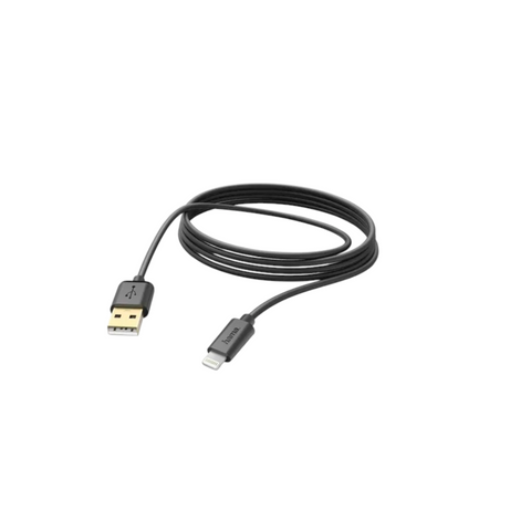 Das schwarze HandyOase Hama Lade-/Datenkabel 3m USB-A-Lightning ist auf weißem Hintergrund aufgewickelt.