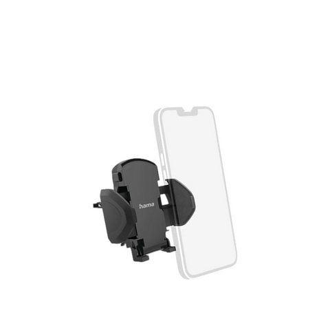 Die Hama Universal Kfz-Halterung (Schwarz) von HandyOase ist an einem Lüftungsgitter befestigt und hält eine transparente Smartphone-Halterung mit verstellbaren Haltearmen.