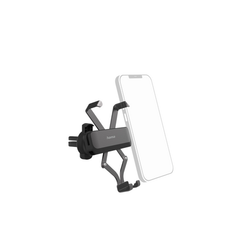 Das HandyOase Hama Universal Kfz-Halterung Gravity Pro (Schwarz) Lüftungsgitter verfügt über einen verstellbaren Griff und einen Gravity-Pro-Mechanismus und hält ein Smartphone sicher in einem transparenten Umriss, dargestellt vor einem weißen Hintergrund.