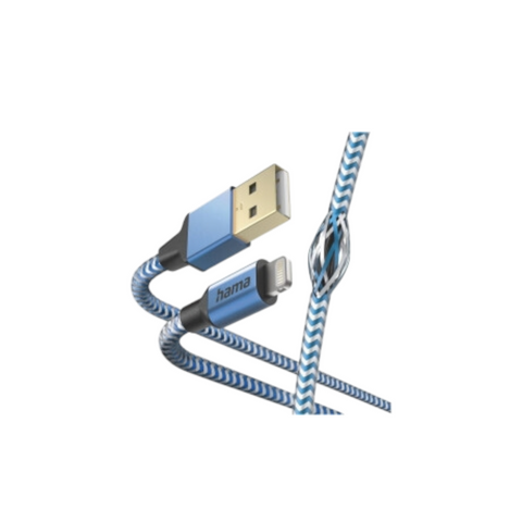 Das HandyOase Hama Lade-/Datenkabel 1,5 m (Blau) USB-A-LIGHTNING Reflective verfügt über ein blau-weißes geflochtenes Nylondesign mit verstärkten Anschlüssen zum Laden und zur Datenübertragung.