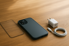 Ein Smartphone mit einer schwarzen Hülle, einer Displayschutzfolie, einem weißen USB-Ladeadapter und einem USB-C-auf-Lightning-Kabel auf einer Holzoberfläche.